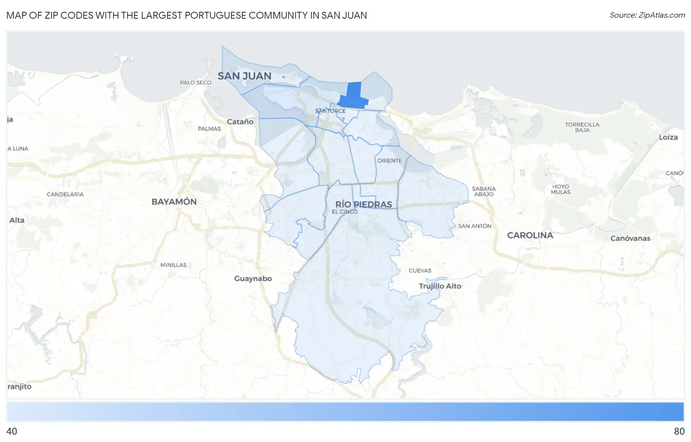 Zip Codes with the Largest Portuguese Community in San Juan Map