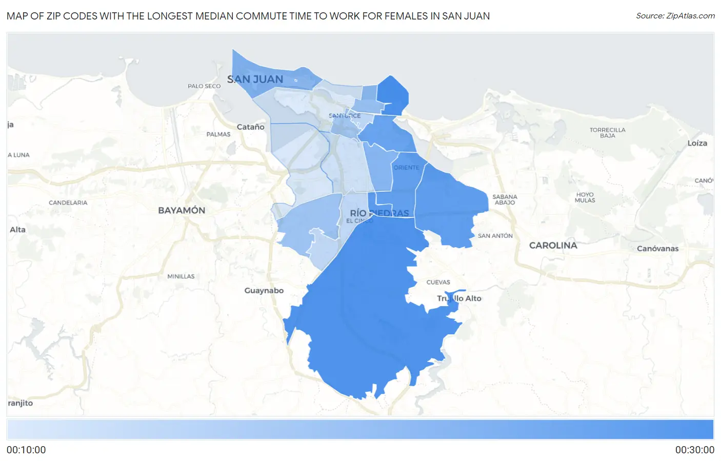 Zip Codes with the Longest Median Commute Time to Work for Females in San Juan Map