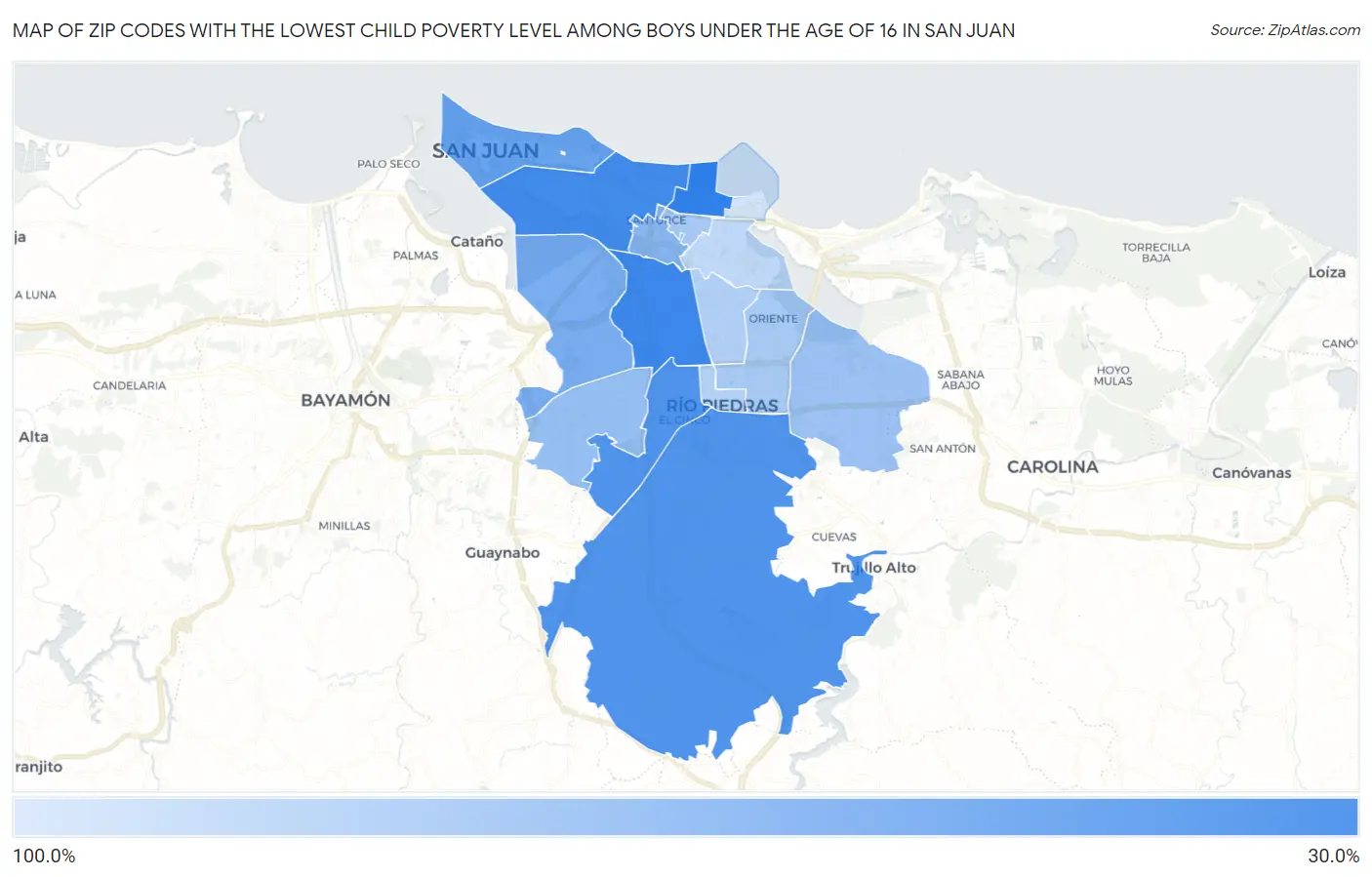 Zip Codes with the Lowest Child Poverty Level Among Boys Under the Age of 16 in San Juan Map