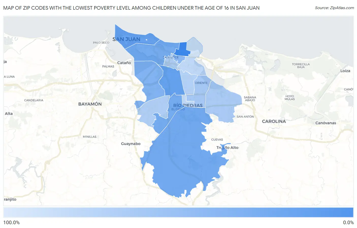 Zip Codes with the Lowest Poverty Level Among Children Under the Age of 16 in San Juan Map