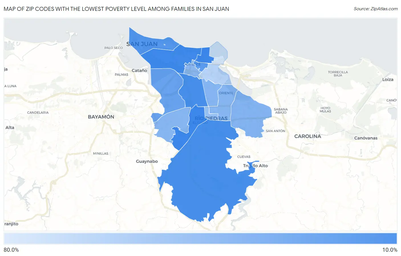Zip Codes with the Lowest Poverty Level Among Families in San Juan Map
