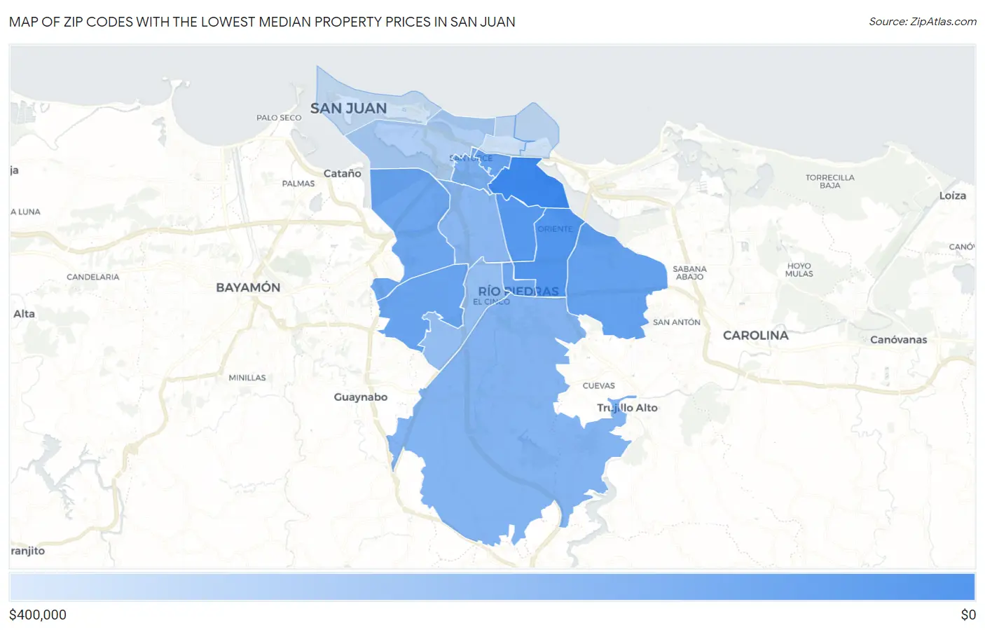 Zip Codes with the Lowest Median Property Prices in San Juan Map