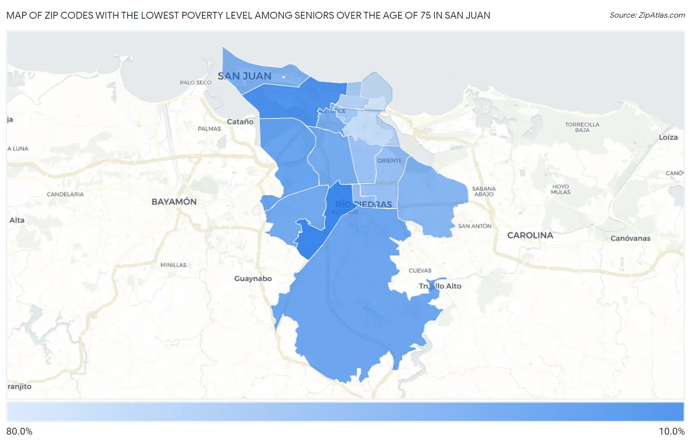 Zip Codes with the Lowest Poverty Level Among Seniors Over the Age of 75 in San Juan Map