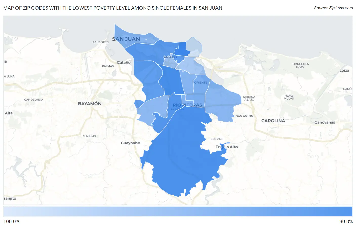 Zip Codes with the Lowest Poverty Level Among Single Females in San Juan Map