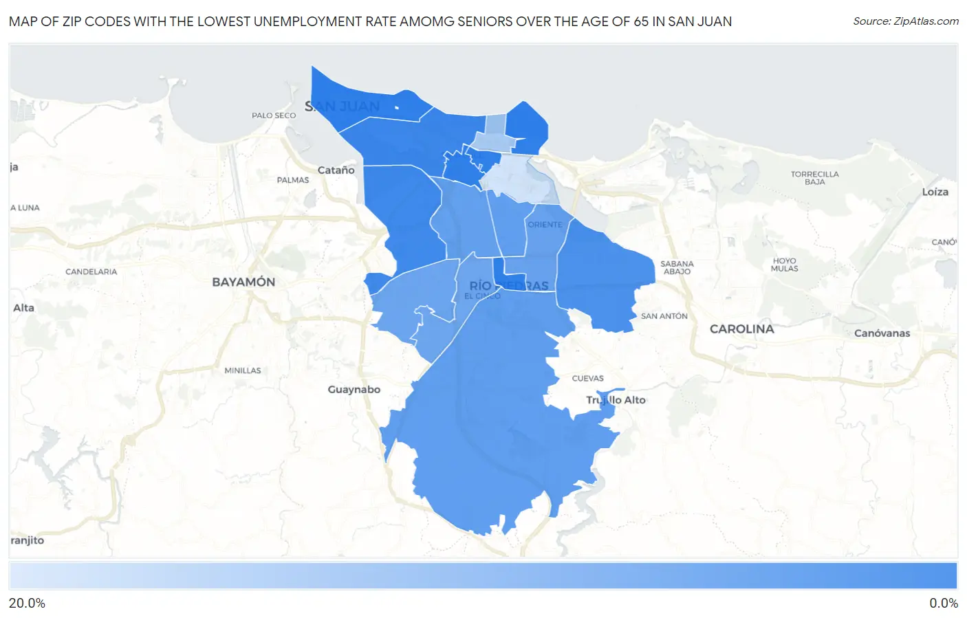 Zip Codes with the Lowest Unemployment Rate Amomg Seniors Over the Age of 65 in San Juan Map