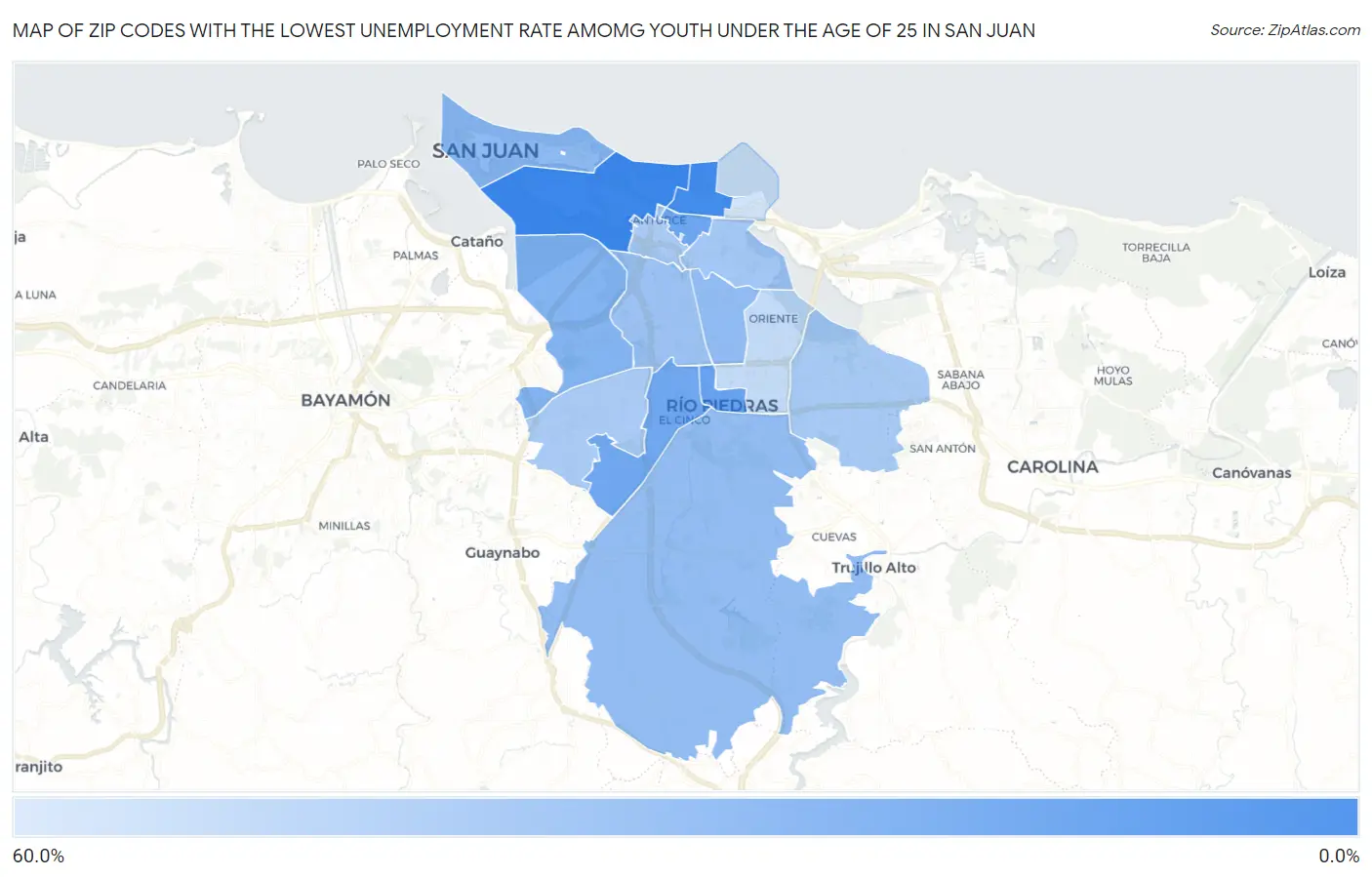 Zip Codes with the Lowest Unemployment Rate Amomg Youth Under the Age of 25 in San Juan Map