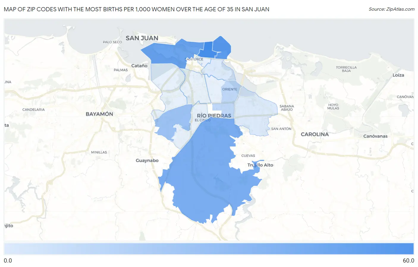 Zip Codes with the Most Births per 1,000 Women Over the Age of 35 in San Juan Map