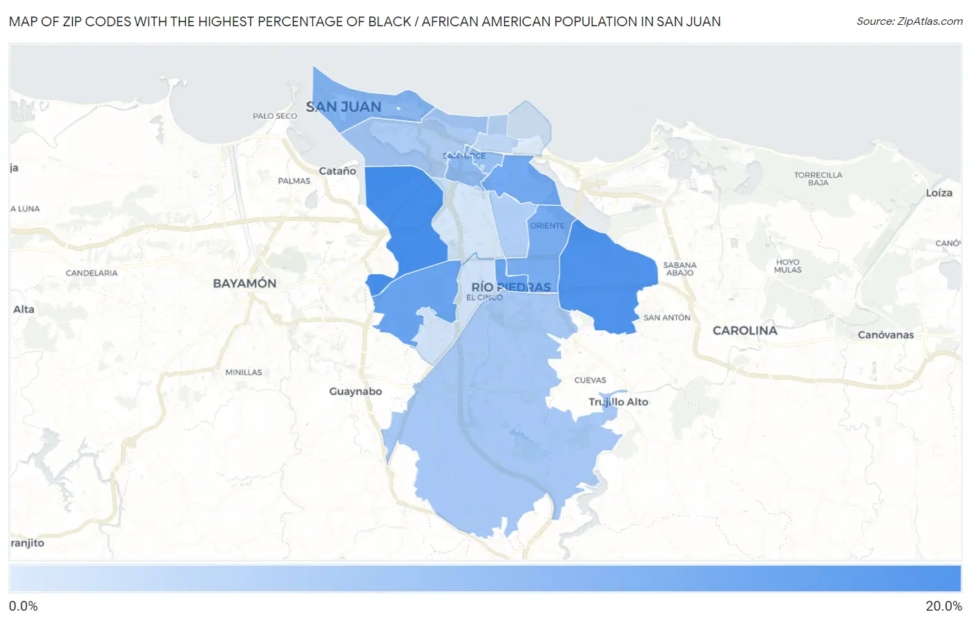 Zip Codes with the Highest Percentage of Black / African American Population in San Juan Map