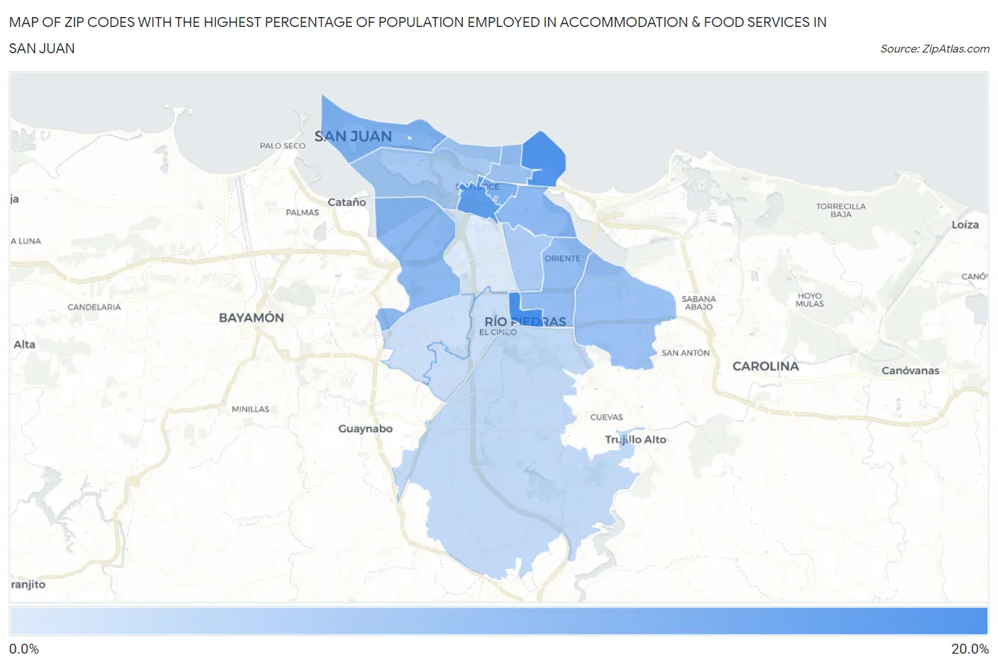 Zip Codes with the Highest Percentage of Population Employed in Accommodation & Food Services in San Juan Map