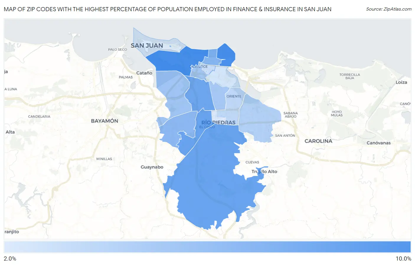 Zip Codes with the Highest Percentage of Population Employed in Finance & Insurance in San Juan Map