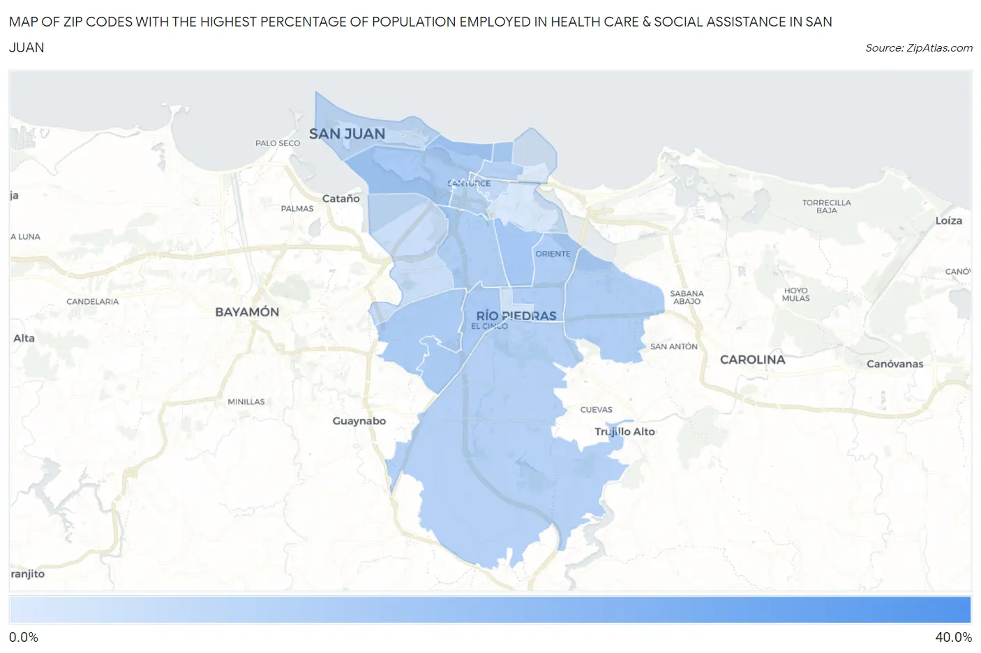 Zip Codes with the Highest Percentage of Population Employed in Health Care & Social Assistance in San Juan Map