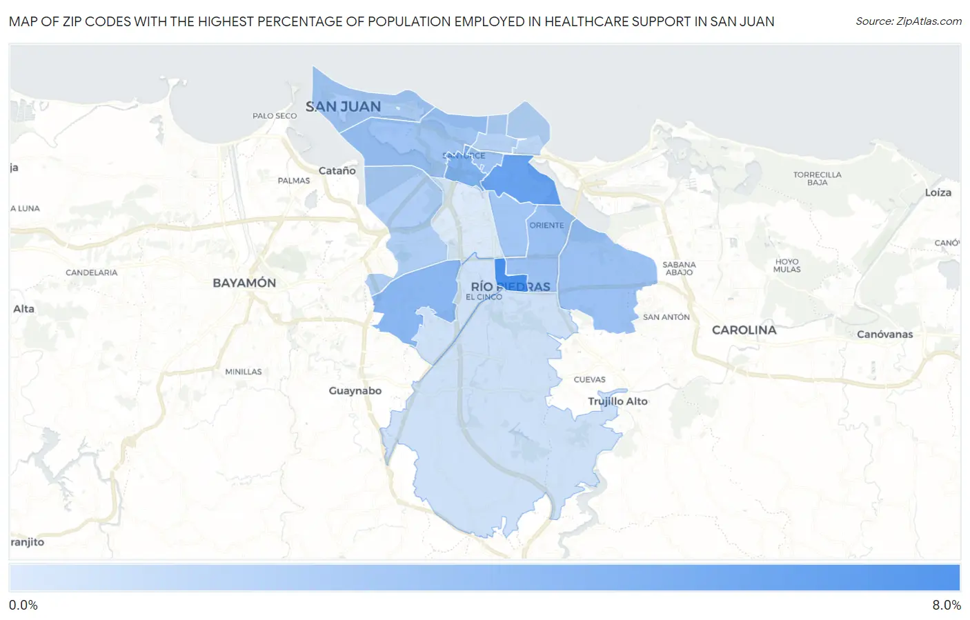 Zip Codes with the Highest Percentage of Population Employed in Healthcare Support in San Juan Map
