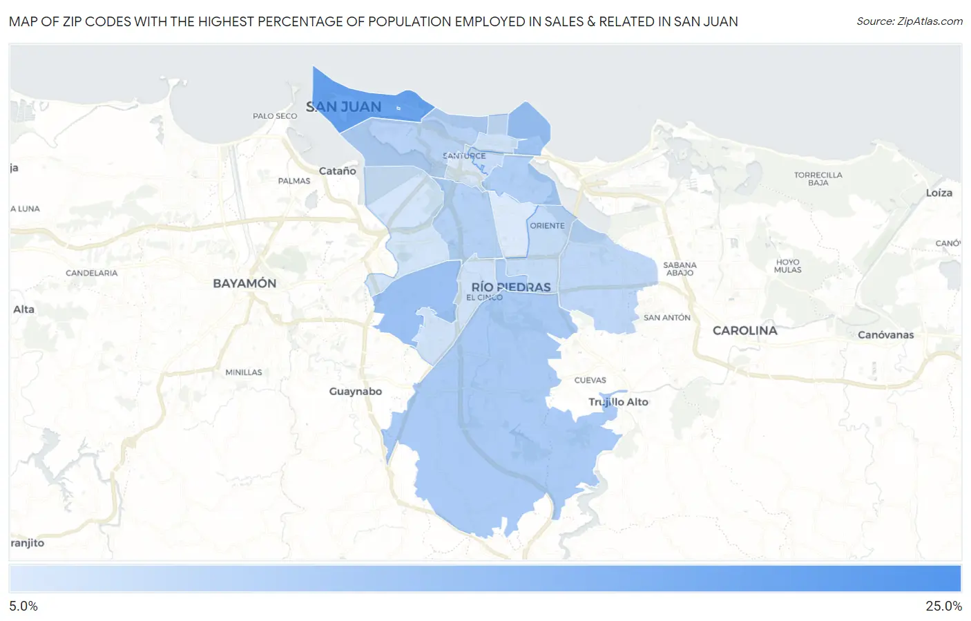 Zip Codes with the Highest Percentage of Population Employed in Sales & Related in San Juan Map