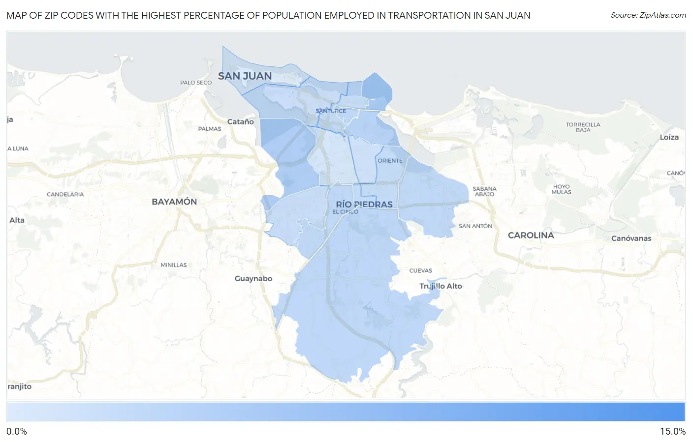 Zip Codes with the Highest Percentage of Population Employed in Transportation in San Juan Map