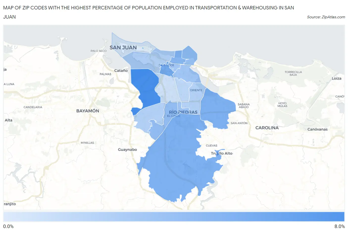 Zip Codes with the Highest Percentage of Population Employed in Transportation & Warehousing in San Juan Map