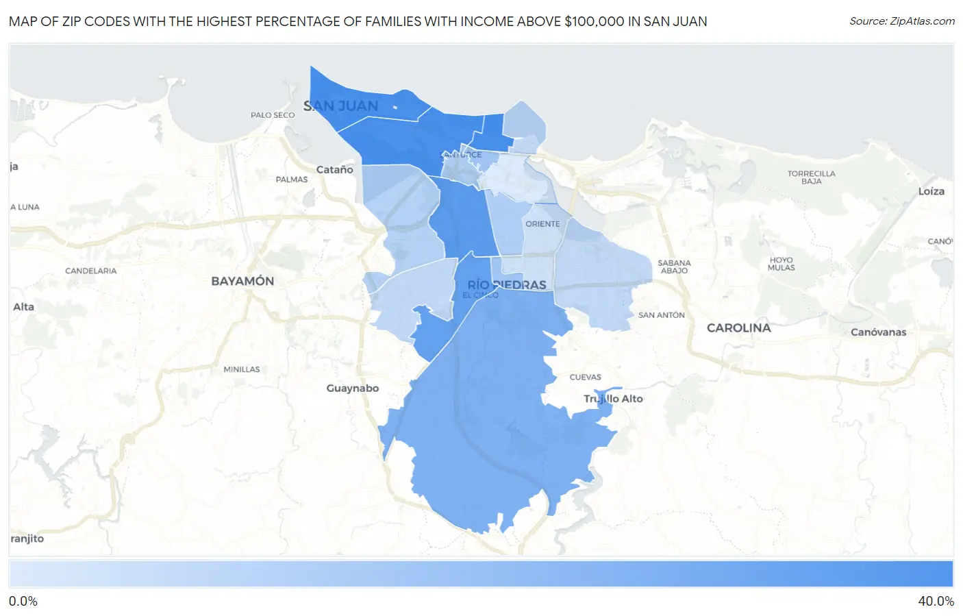 Zip Codes with the Highest Percentage of Families with Income Above $100,000 in San Juan Map