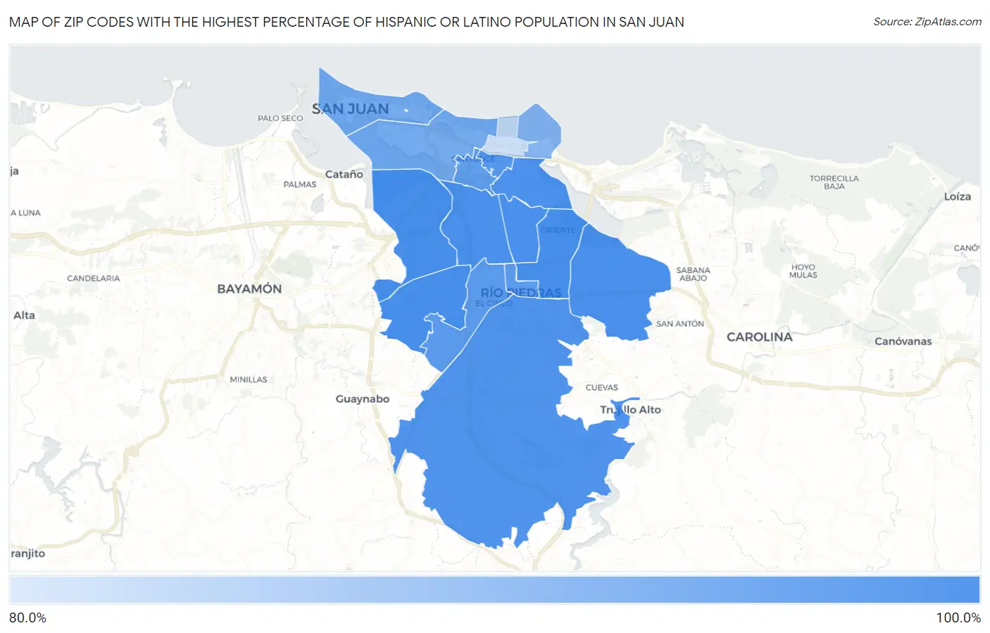 Zip Codes with the Highest Percentage of Hispanic or Latino Population in San Juan Map
