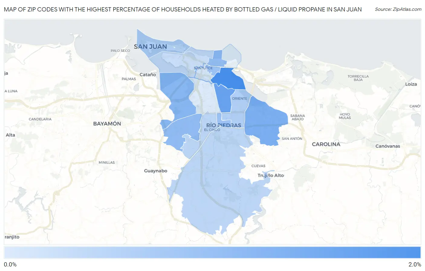 Zip Codes with the Highest Percentage of Households Heated by Bottled Gas / Liquid Propane in San Juan Map