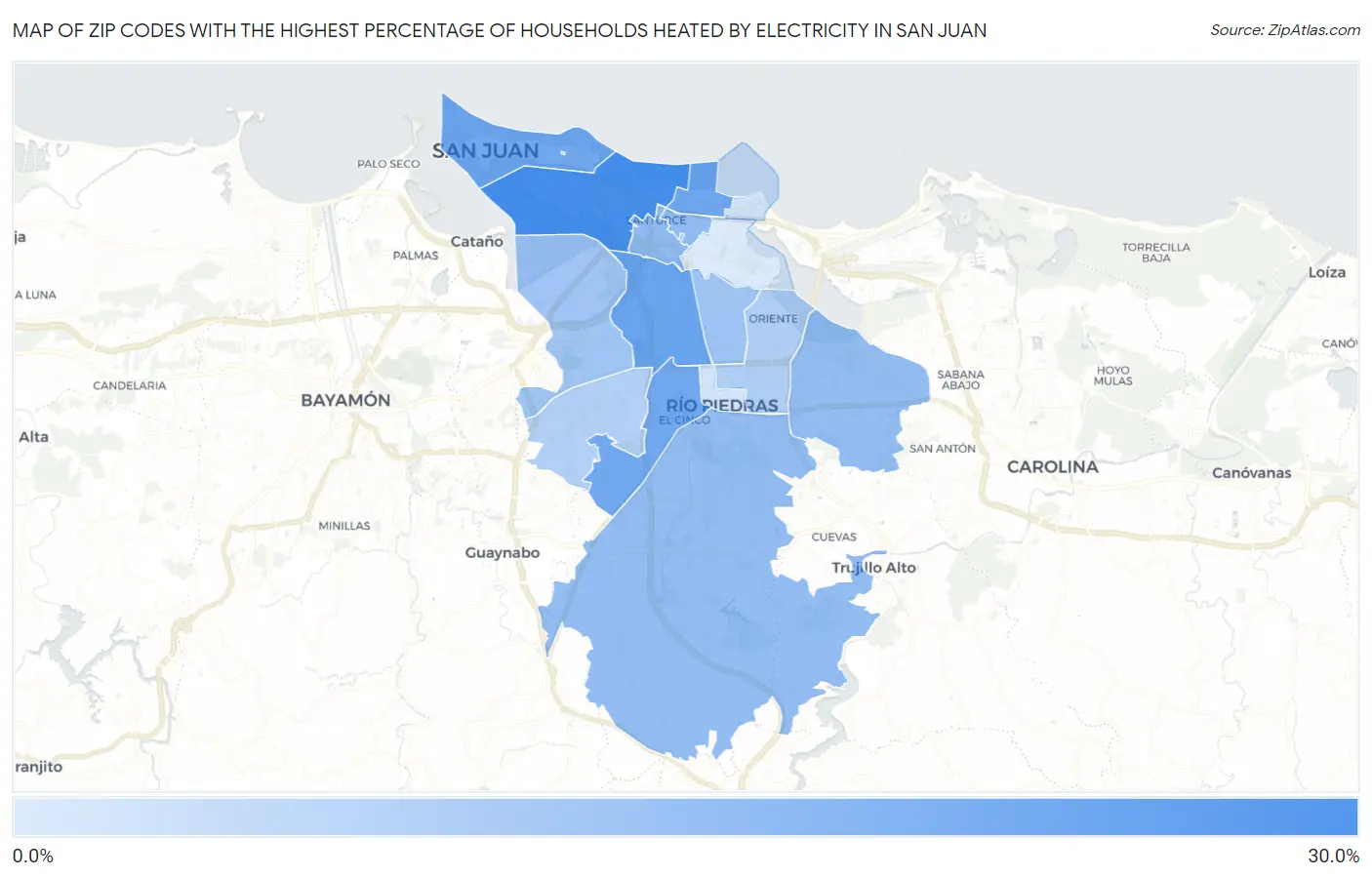 Zip Codes with the Highest Percentage of Households Heated by Electricity in San Juan Map
