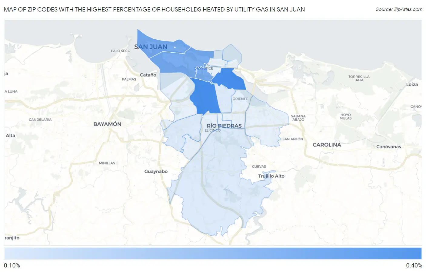 Zip Codes with the Highest Percentage of Households Heated by Utility Gas in San Juan Map