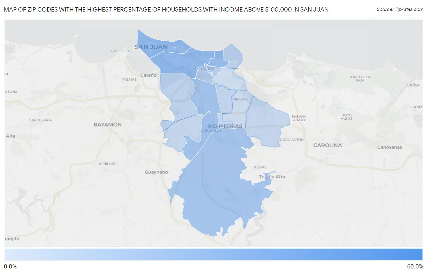 Zip Codes with the Highest Percentage of Households with Income Above $100,000 in San Juan Map