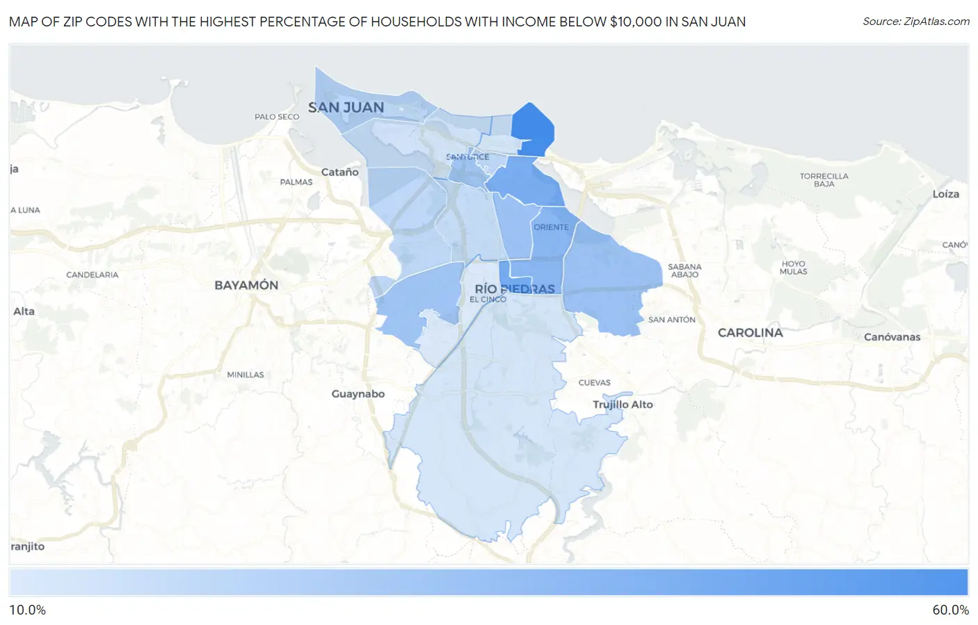 Zip Codes with the Highest Percentage of Households with Income Below $10,000 in San Juan Map