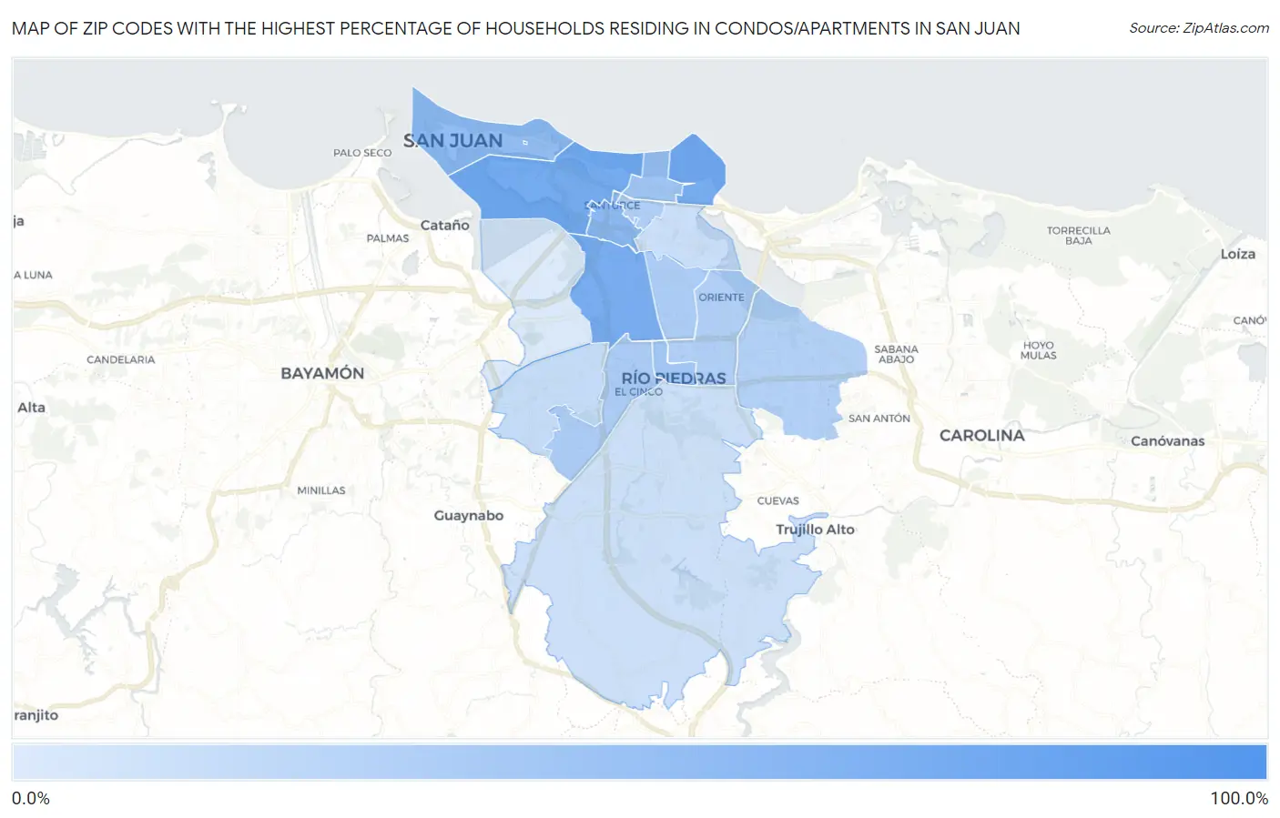 Zip Codes with the Highest Percentage of Households Residing in Condos/Apartments in San Juan Map