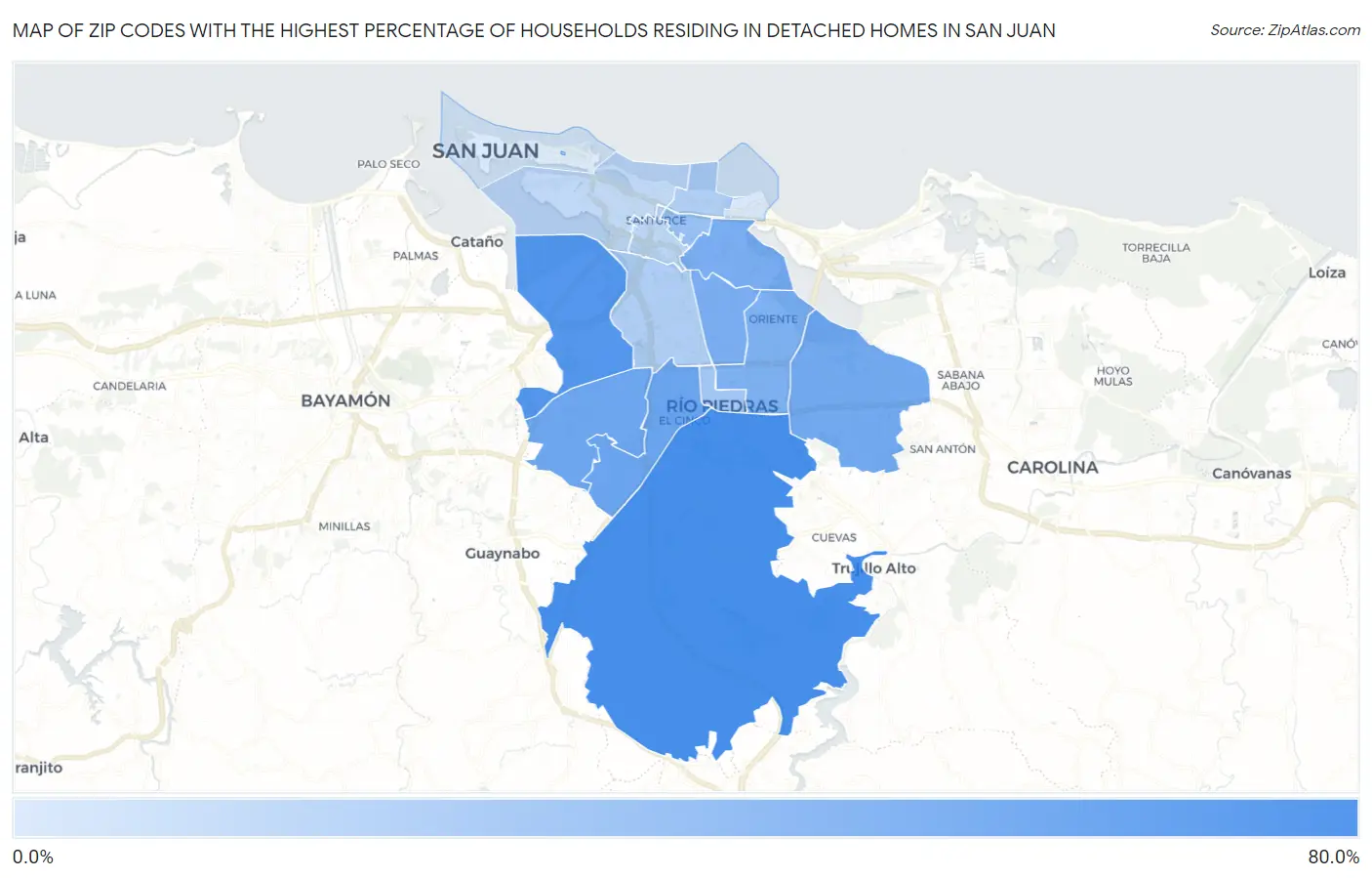 Zip Codes with the Highest Percentage of Households Residing in Detached Homes in San Juan Map