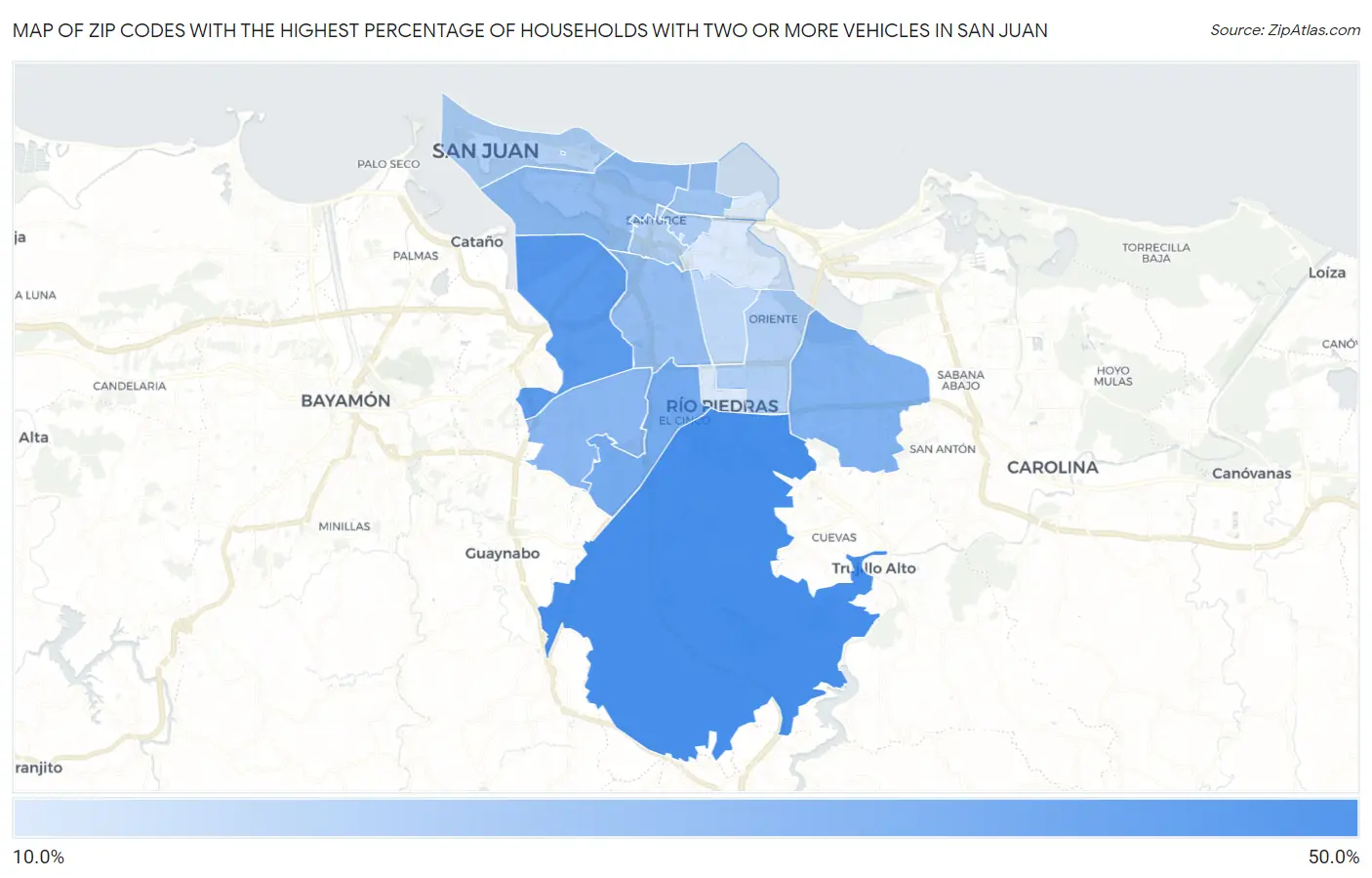 Zip Codes with the Highest Percentage of Households With Two or more Vehicles in San Juan Map