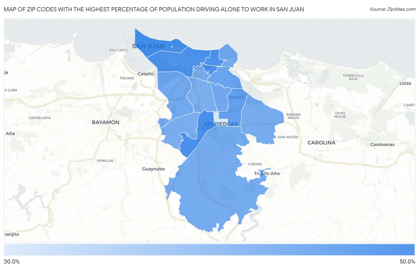 Zip Codes with the Highest Percentage of Population Driving Alone to Work in San Juan Map