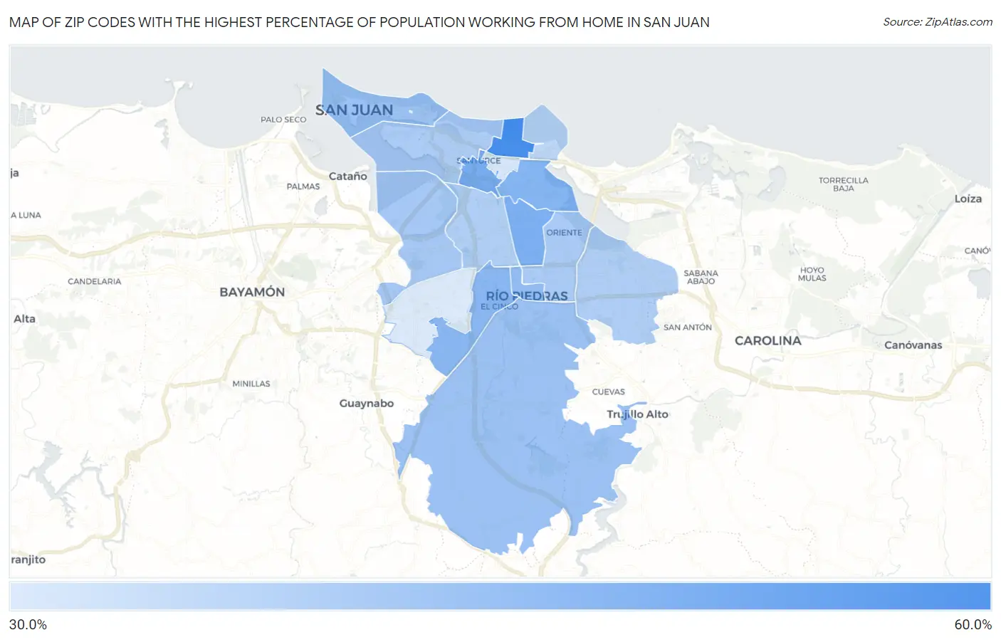 Zip Codes with the Highest Percentage of Population Working from Home in San Juan Map