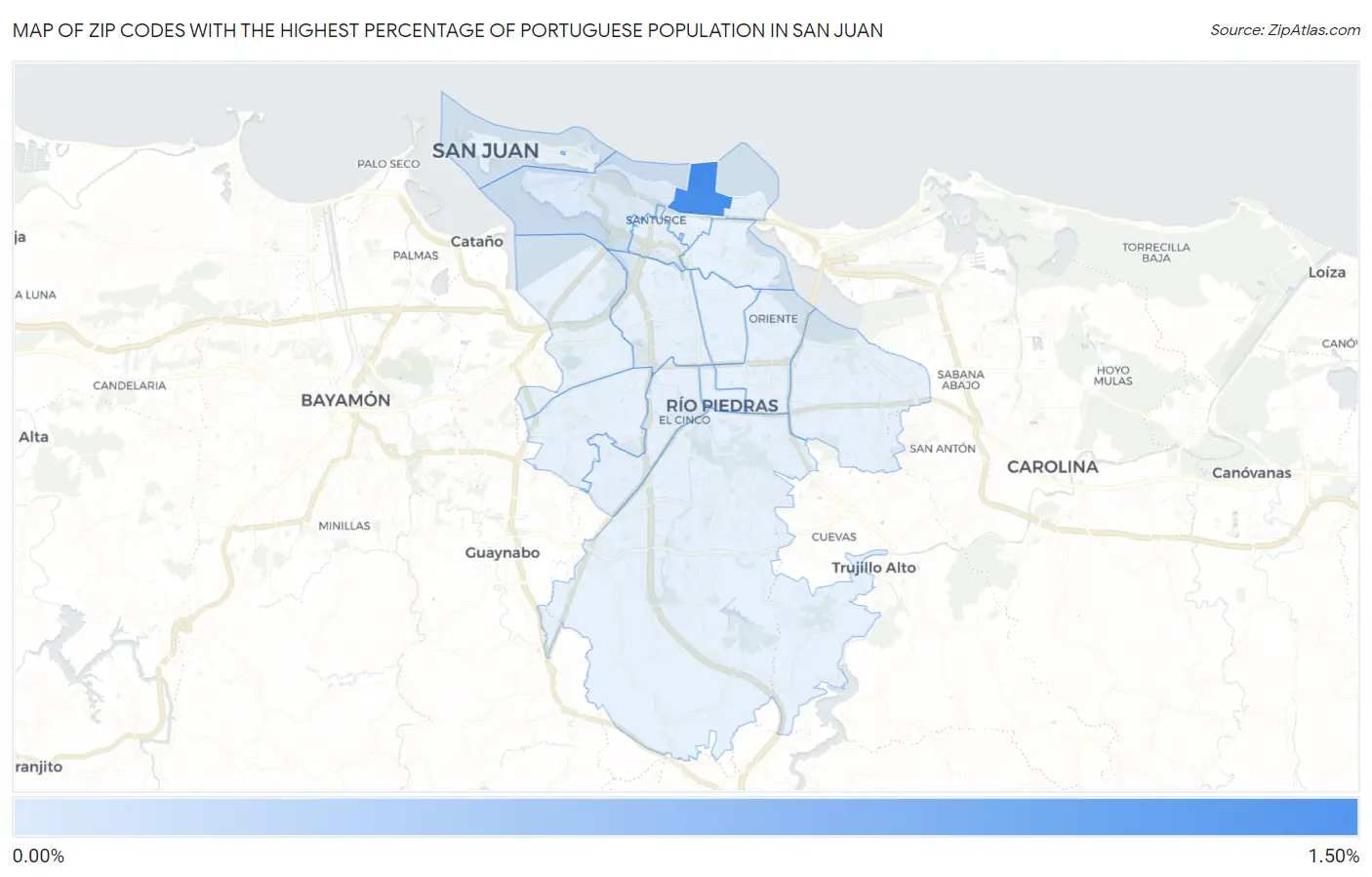 Zip Codes with the Highest Percentage of Portuguese Population in San Juan Map