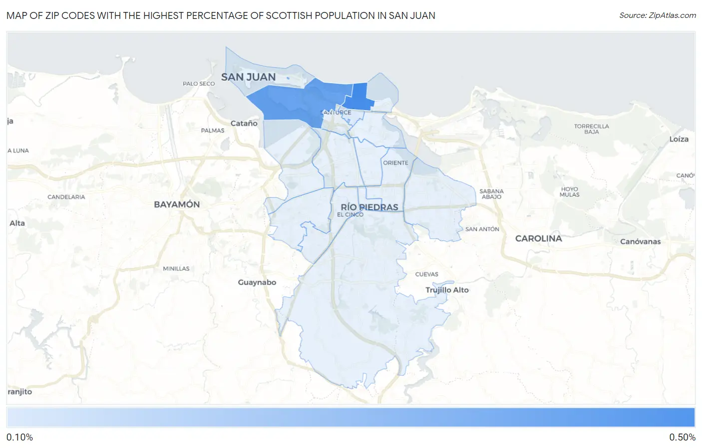 Zip Codes with the Highest Percentage of Scottish Population in San Juan Map