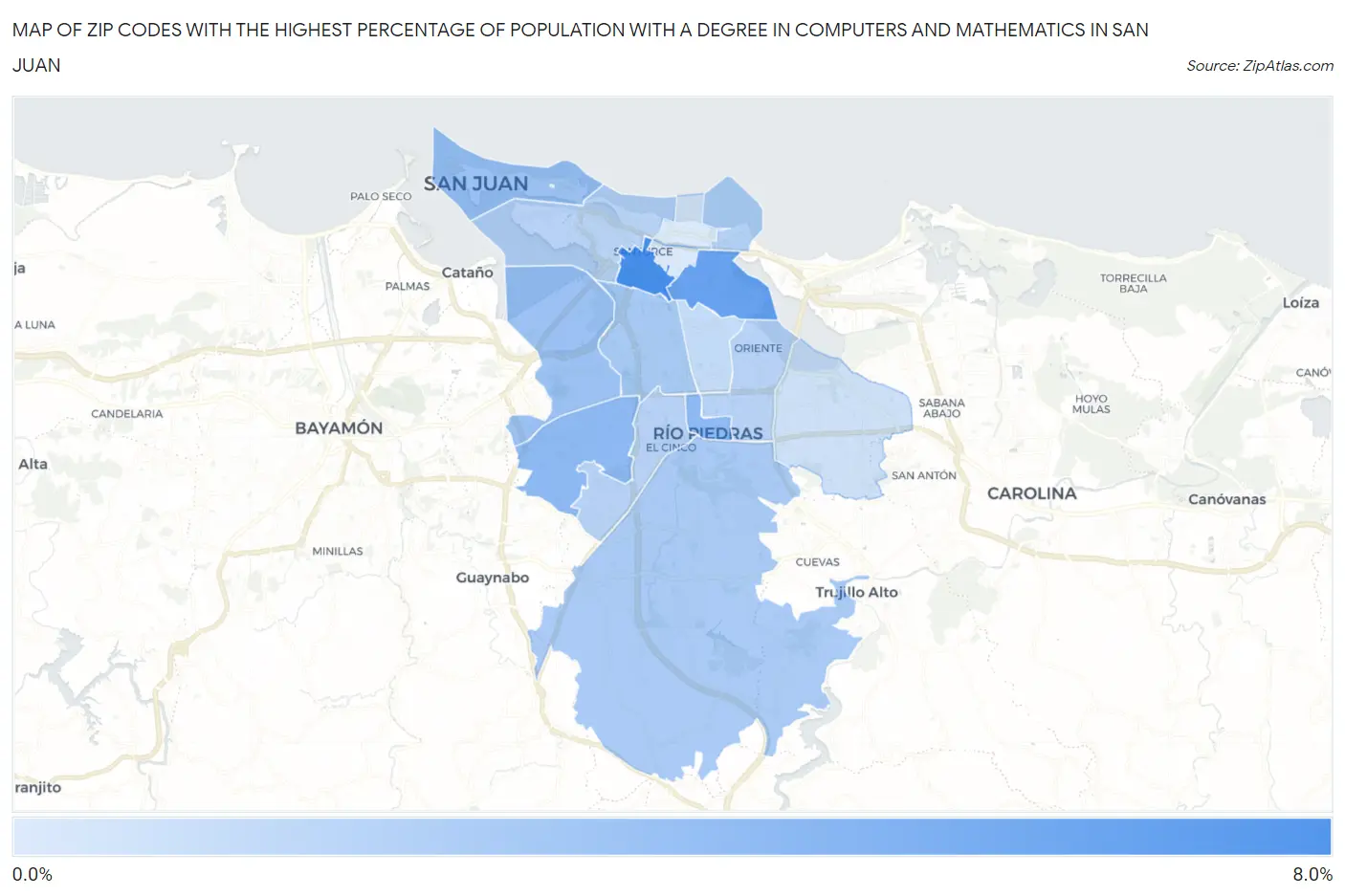 Zip Codes with the Highest Percentage of Population with a Degree in Computers and Mathematics in San Juan Map