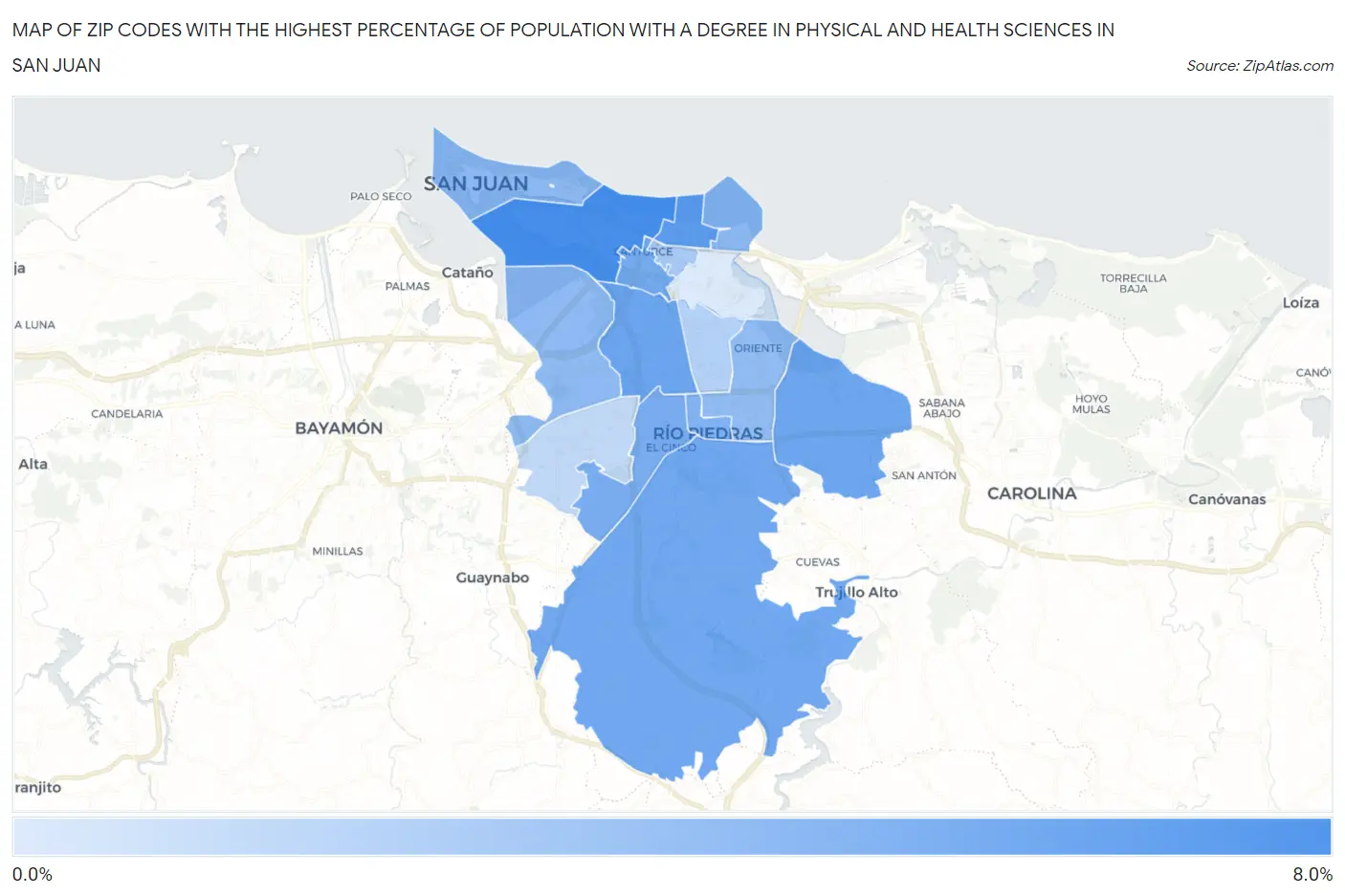 Zip Codes with the Highest Percentage of Population with a Degree in Physical and Health Sciences in San Juan Map