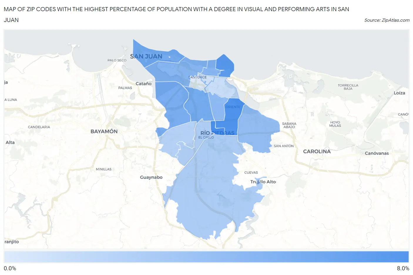 Zip Codes with the Highest Percentage of Population with a Degree in Visual and Performing Arts in San Juan Map