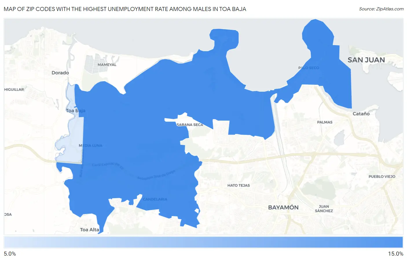 Zip Codes with the Highest Unemployment Rate Among Males in Toa Baja Map