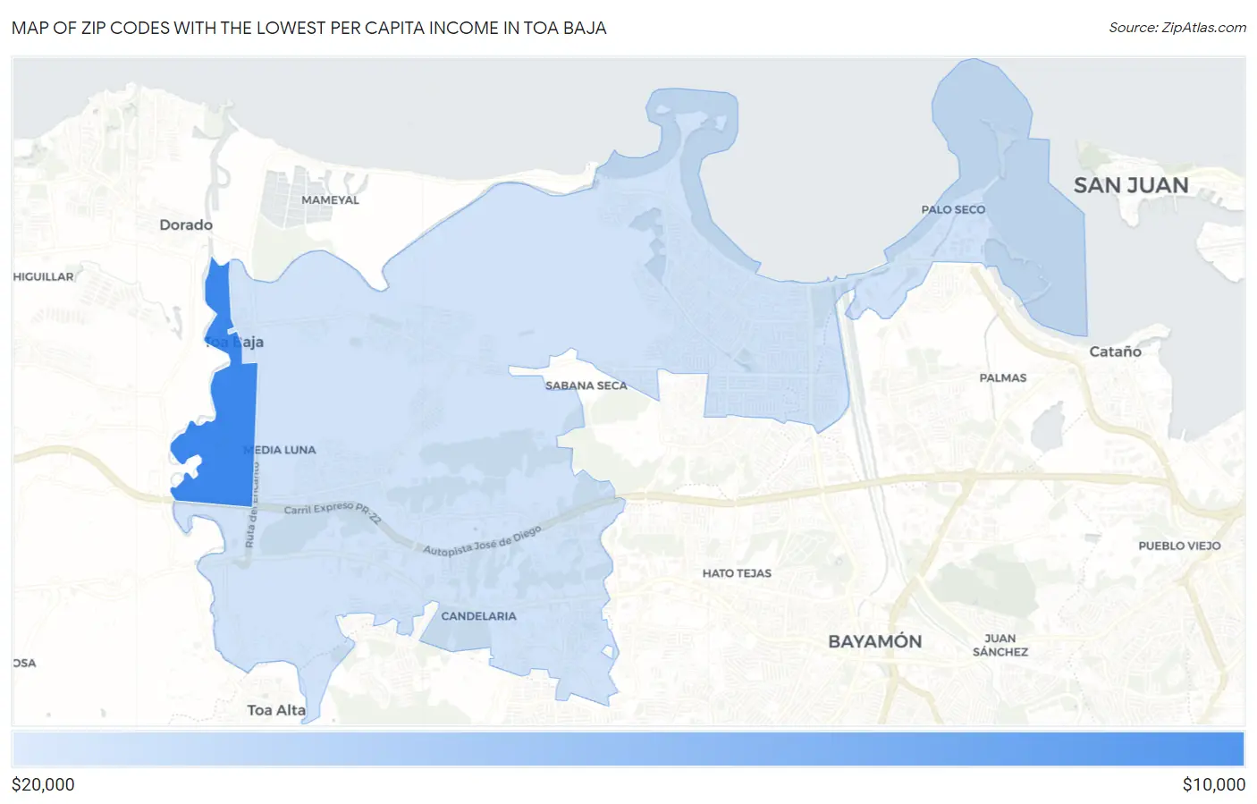 Zip Codes with the Lowest Per Capita Income in Toa Baja Map