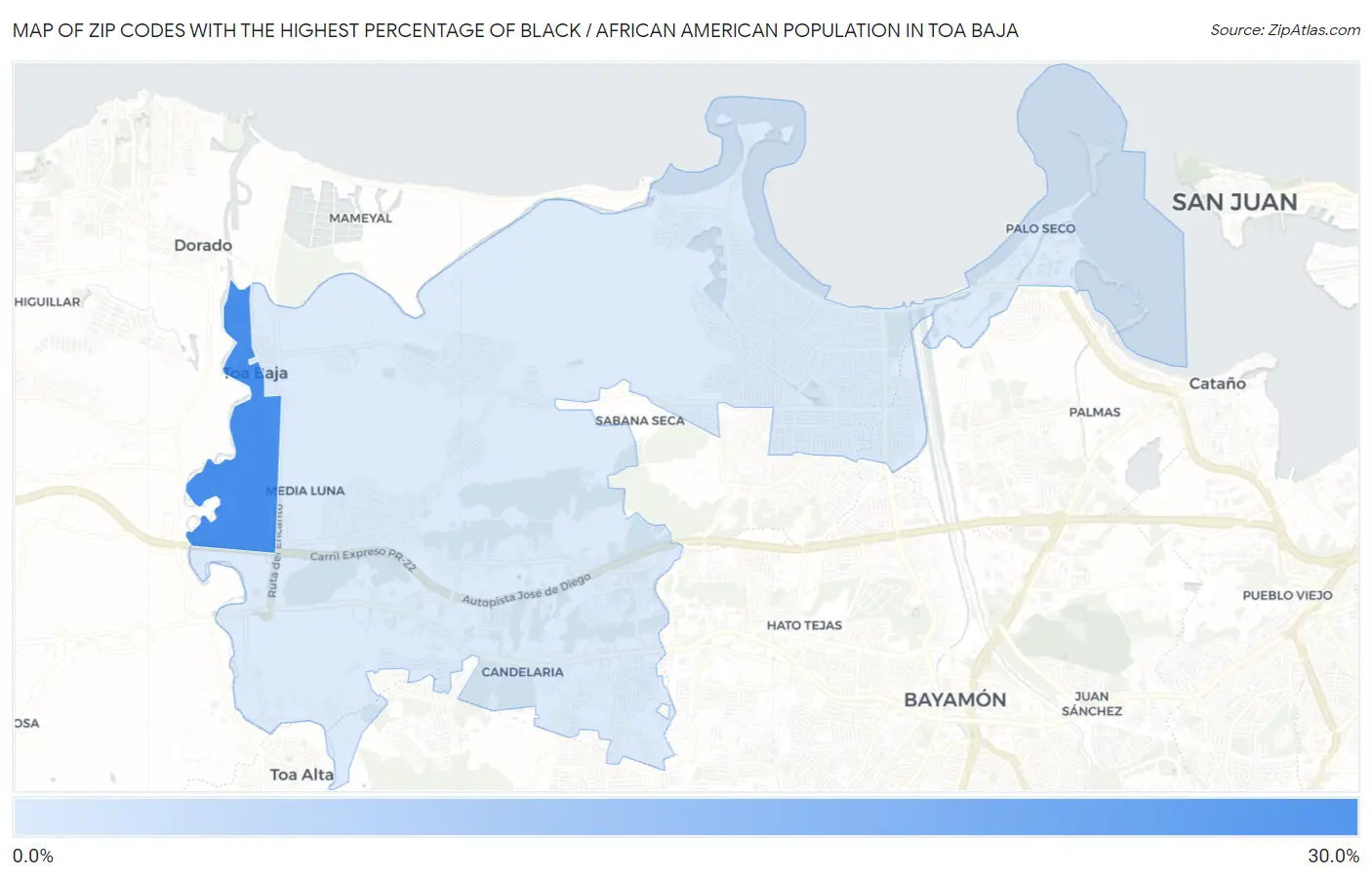 Zip Codes with the Highest Percentage of Black / African American Population in Toa Baja Map