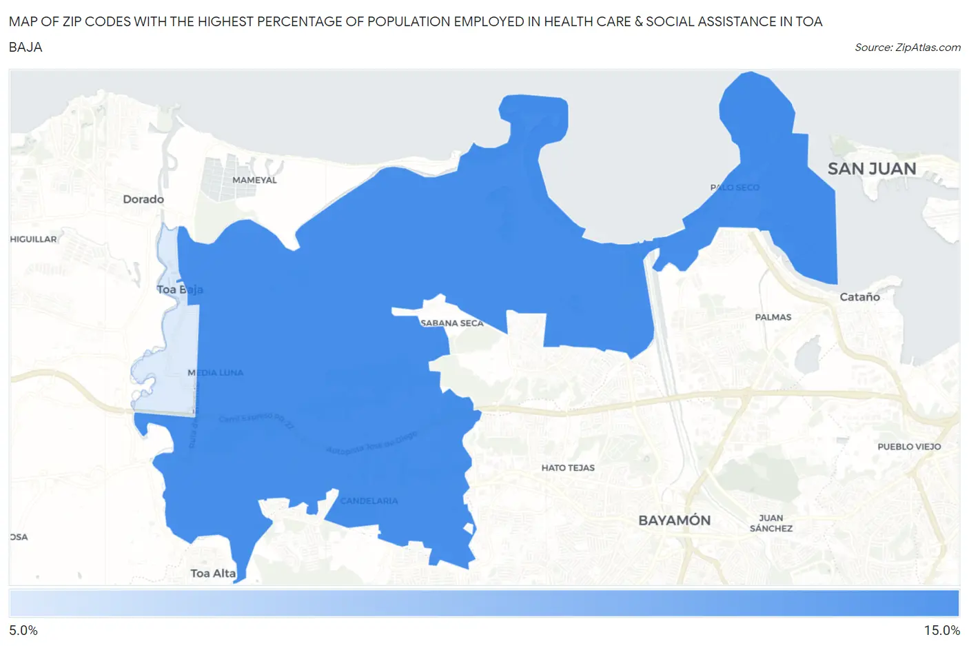 Zip Codes with the Highest Percentage of Population Employed in Health Care & Social Assistance in Toa Baja Map