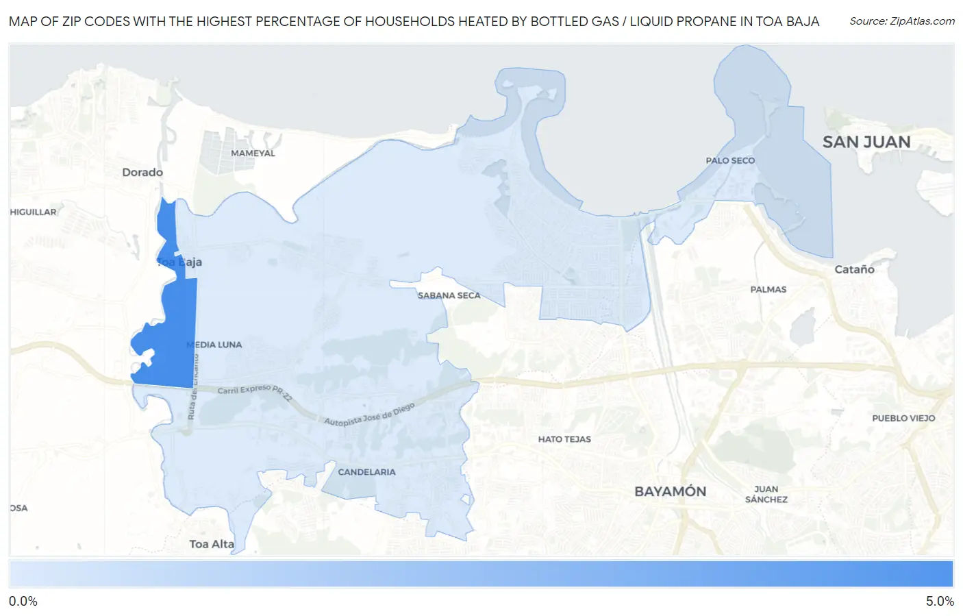 Zip Codes with the Highest Percentage of Households Heated by Bottled Gas / Liquid Propane in Toa Baja Map