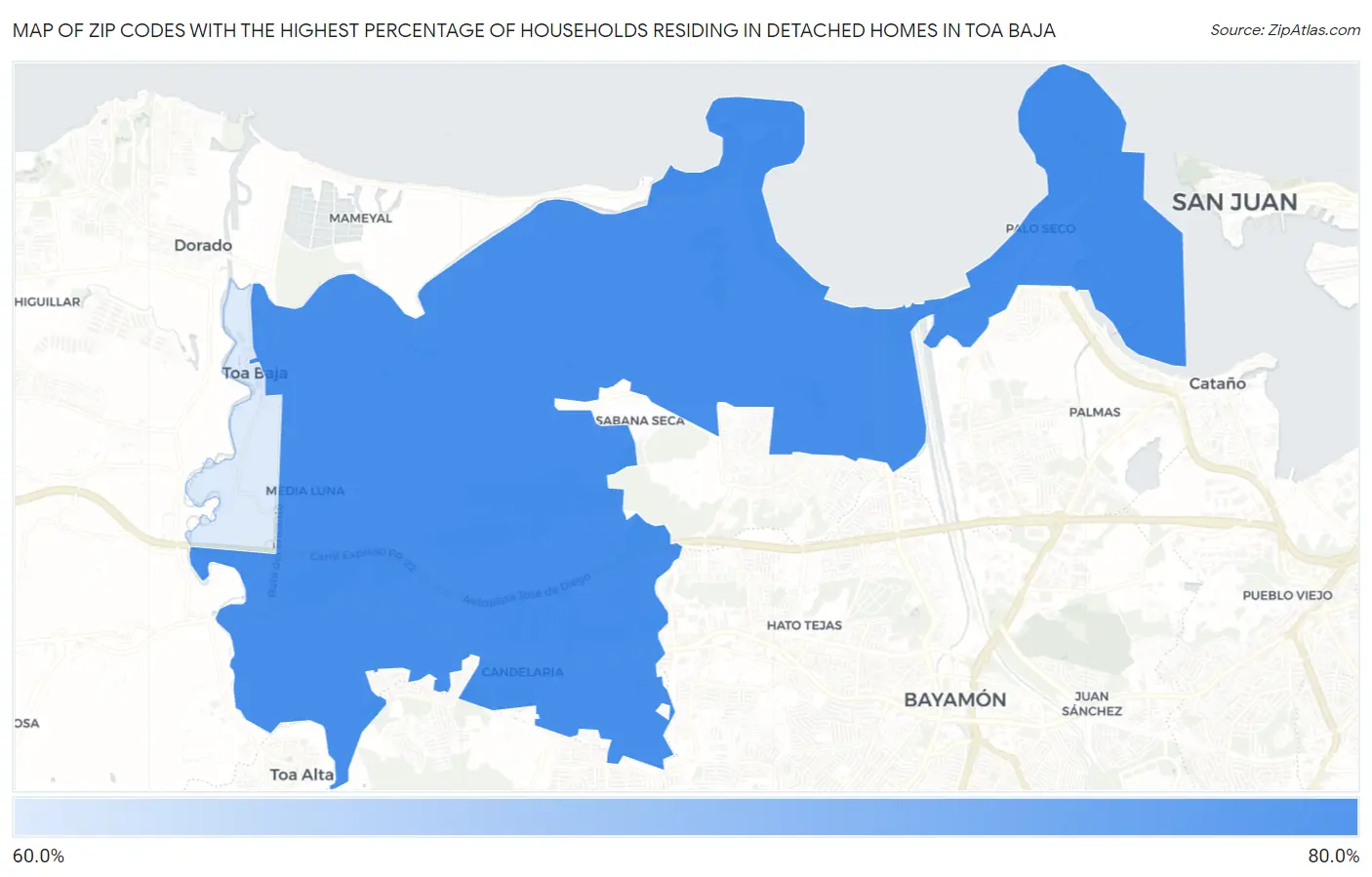 Zip Codes with the Highest Percentage of Households Residing in Detached Homes in Toa Baja Map
