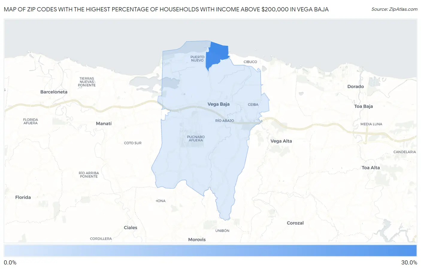 Zip Codes with the Highest Percentage of Households with Income Above $200,000 in Vega Baja Map