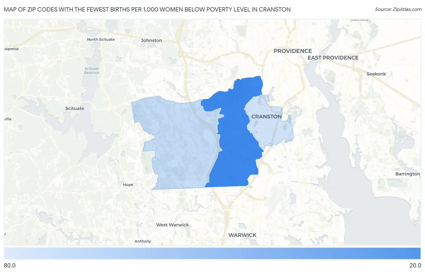 Zip Codes with the Fewest Births per 1,000 Women Below Poverty Level in Cranston Map