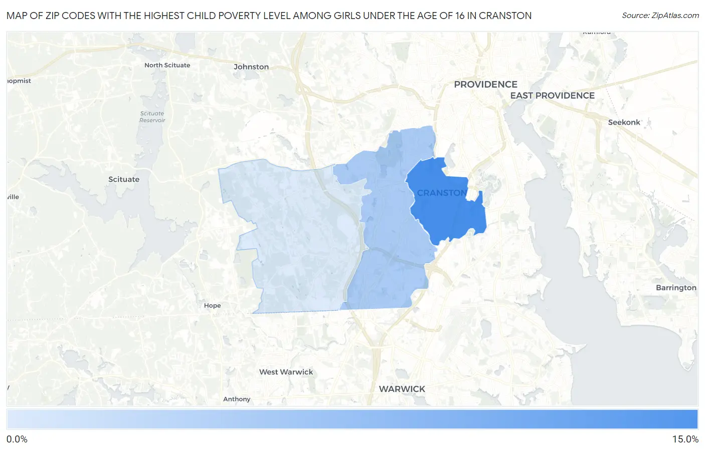 Zip Codes with the Highest Child Poverty Level Among Girls Under the Age of 16 in Cranston Map