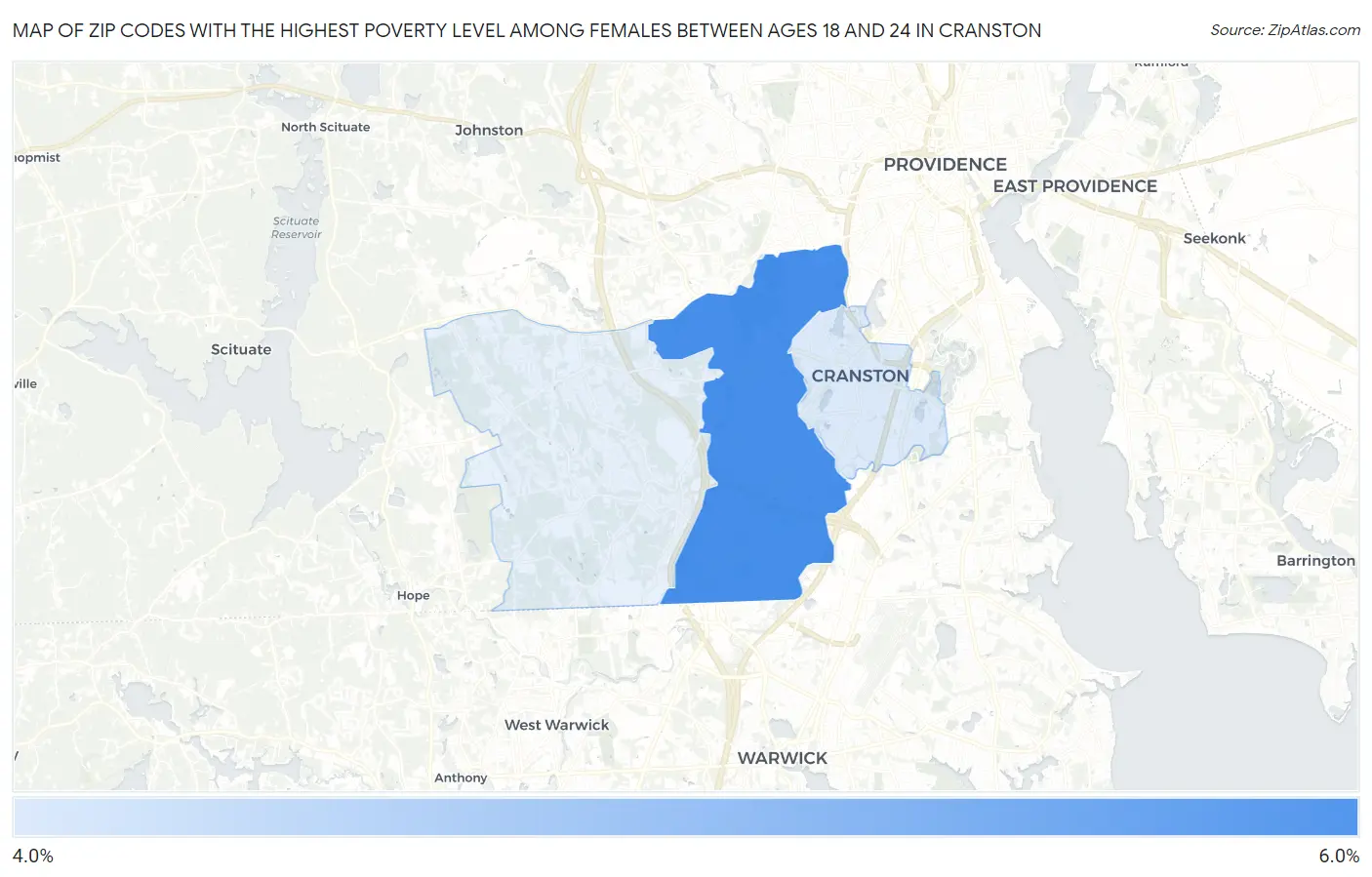 Zip Codes with the Highest Poverty Level Among Females Between Ages 18 and 24 in Cranston Map
