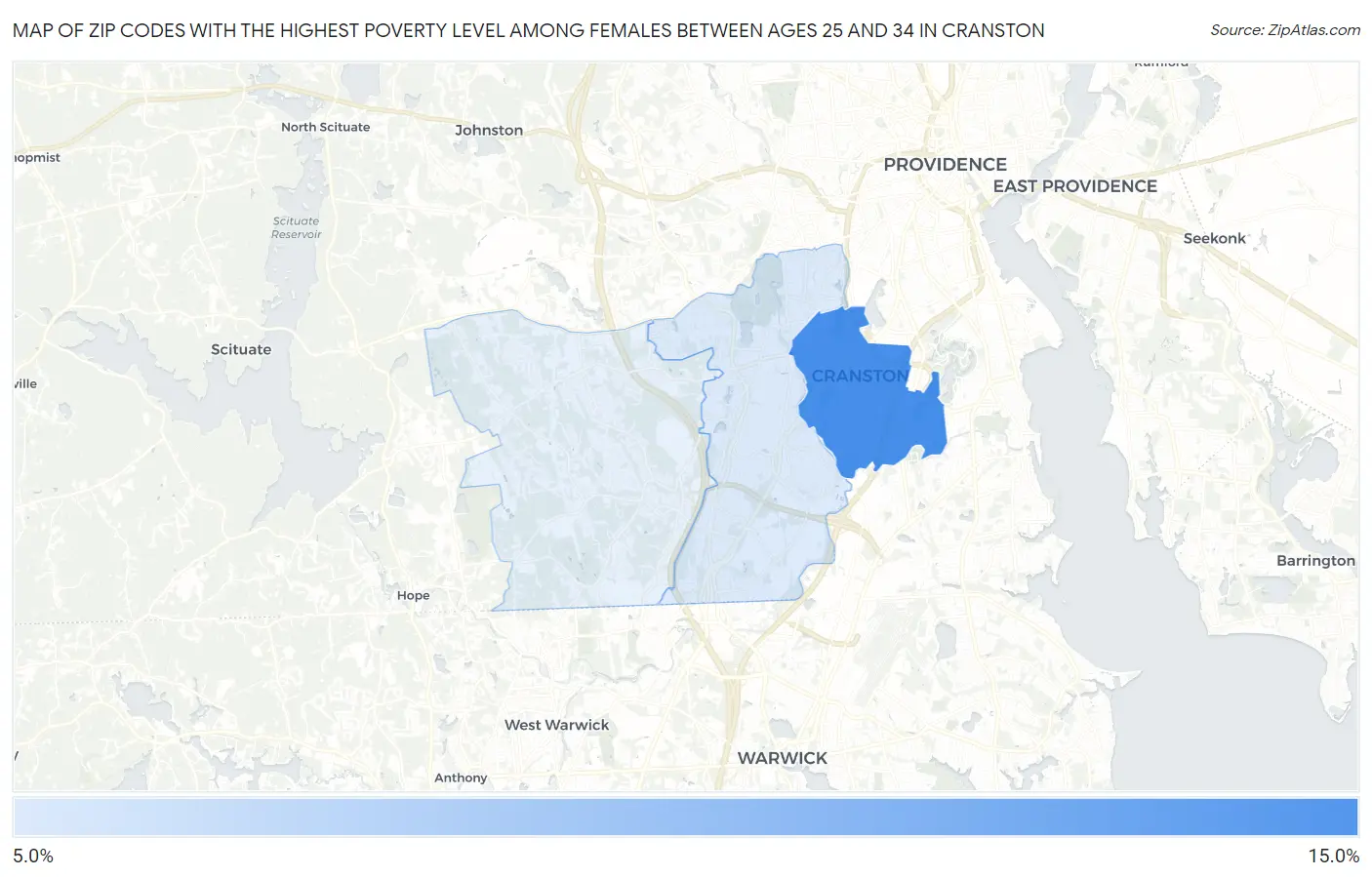 Zip Codes with the Highest Poverty Level Among Females Between Ages 25 and 34 in Cranston Map
