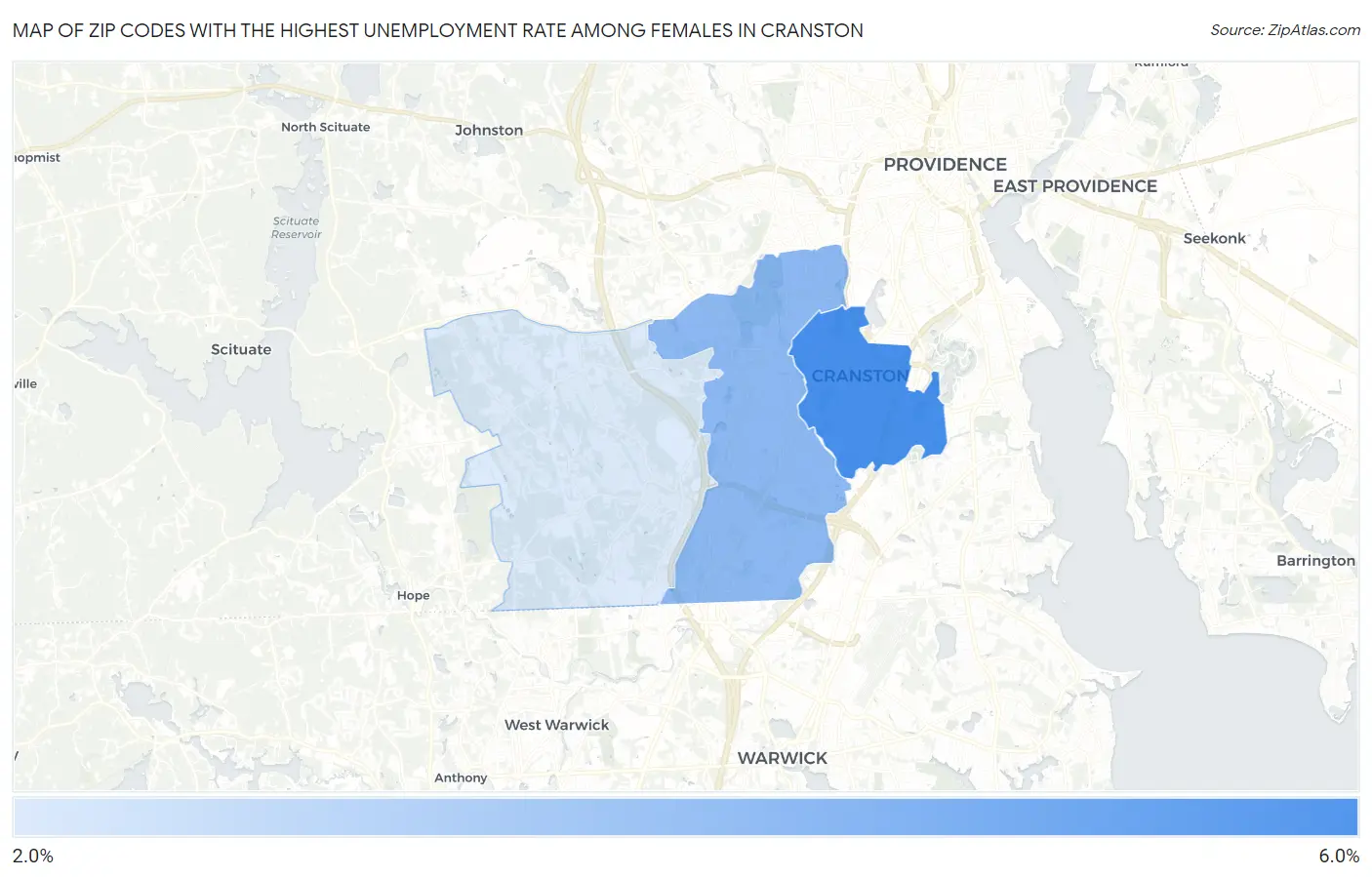 Zip Codes with the Highest Unemployment Rate Among Females in Cranston Map