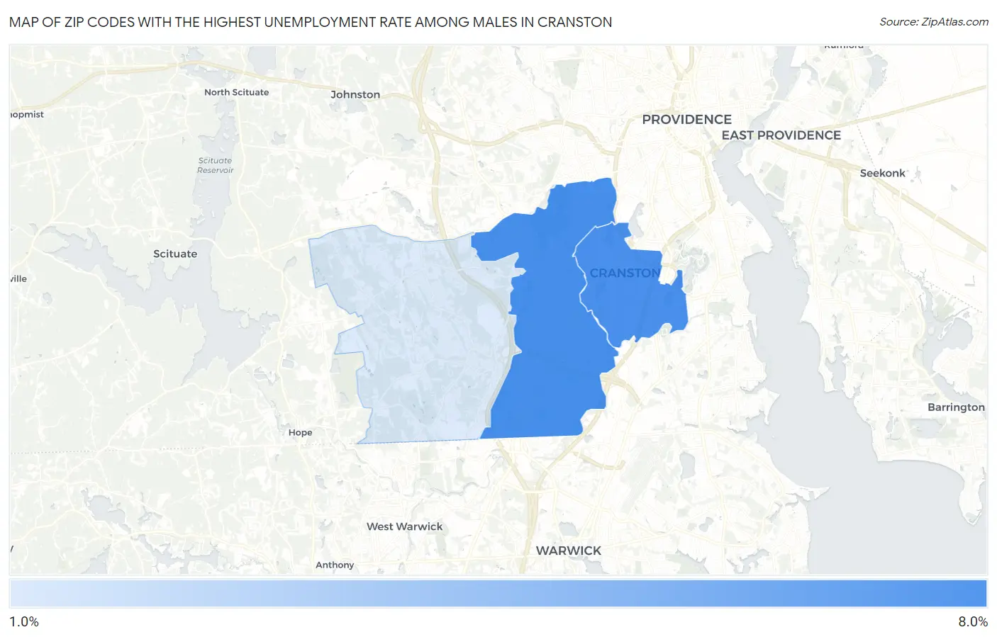Zip Codes with the Highest Unemployment Rate Among Males in Cranston Map