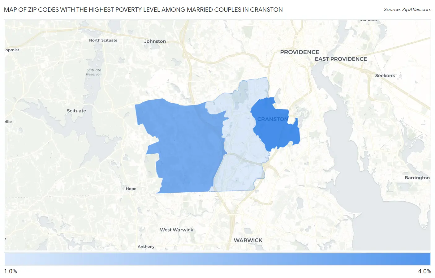 Zip Codes with the Highest Poverty Level Among Married Couples in Cranston Map